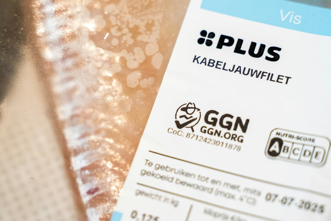 Plus cod fillet label with ggn certification and nutritional score.